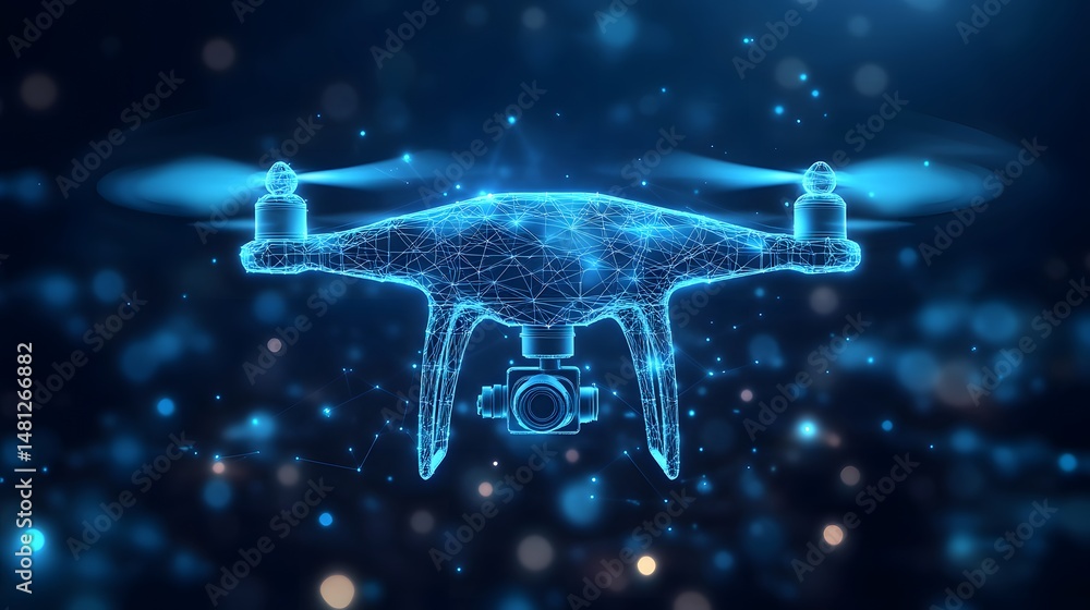 Futuristic drone rendered with blue digital lines against a bokeh backdrop. Motion blur suggests active propellers and advanced camera capabilities. Abstract wireframe in dark blue Futuristic drone rendered with blue digital lines against a bokeh backdrop. Motion blur suggests active propellers and advanced camera capabilities. Abstract wireframe in dark blue