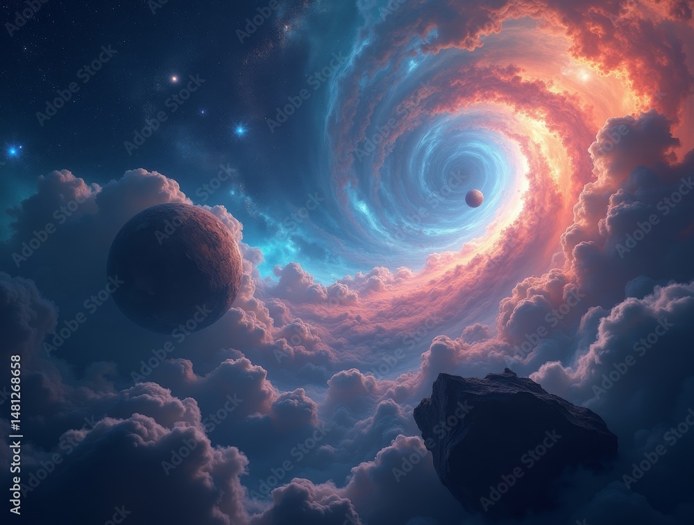 Fototapeta premium stunning deep-space nebula filled with vibrant cosmic colors, distant galaxies, and a massive asteroid belt drifting through the stars