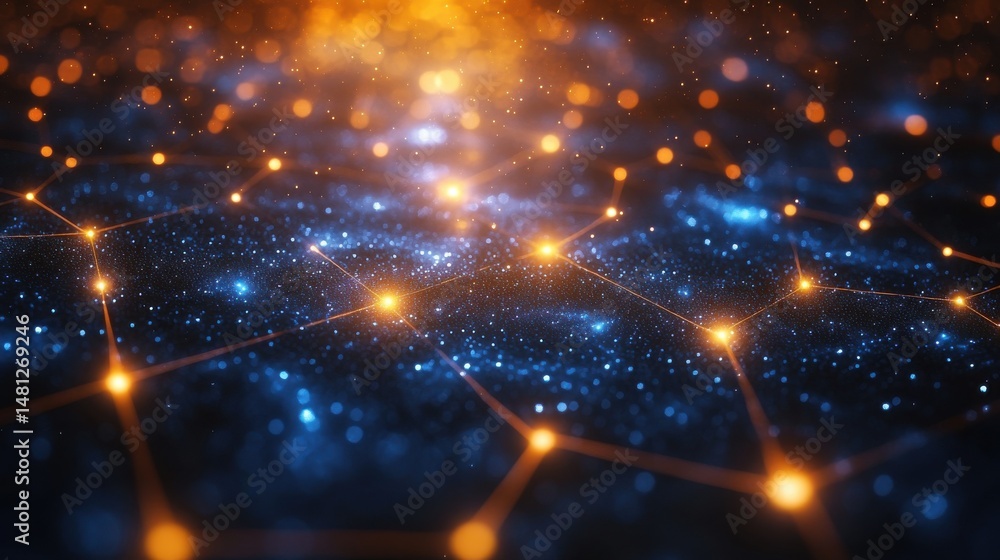Obraz premium Abstract Network Connection Digital Technology Background Orange Blue Glowing Lines Dots