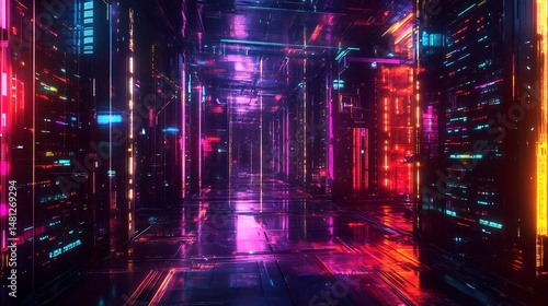 Wallpaper Mural Neon illuminated cyber corridor displays reflective surfaces and intricate futuristic technological detail that is captivating Torontodigital.ca