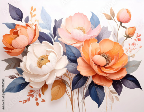 Abstract Floral Oil Painting of Peach White and Orange Flowers with Blue Leaves on a Light Background for Prints Postcards or Wallpaper Decorative Arrangement
