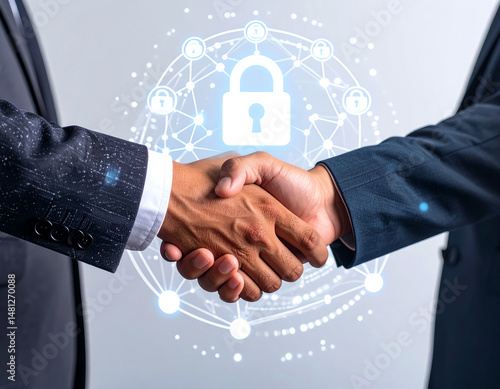 A handshake symbolizes partnership and trust in a digital security context, highlighted by a lock graphic in the background