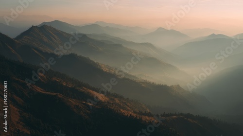 over a misty mountain landscape golden hour glow, cinematic shadows, hopeful ...