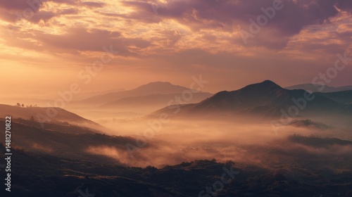 over a misty mountain landscape golden hour glow, cinematic shadows, hopeful ...