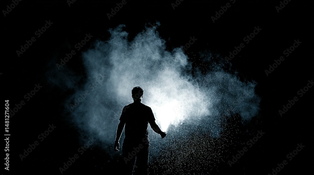 Silhouette figure against a dramatic, smoky, night scene. Silhouette figure against a dramatic, smoky, night scene.