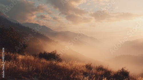 over a misty mountain landscape golden hour glow, cinematic shadows, hopeful aesthetic