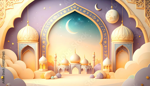 Abstract Islamic Frame with Cosmic Purple Design Gold Accents Moon Stars and Celestial Architecture in Soft Pastel Palette