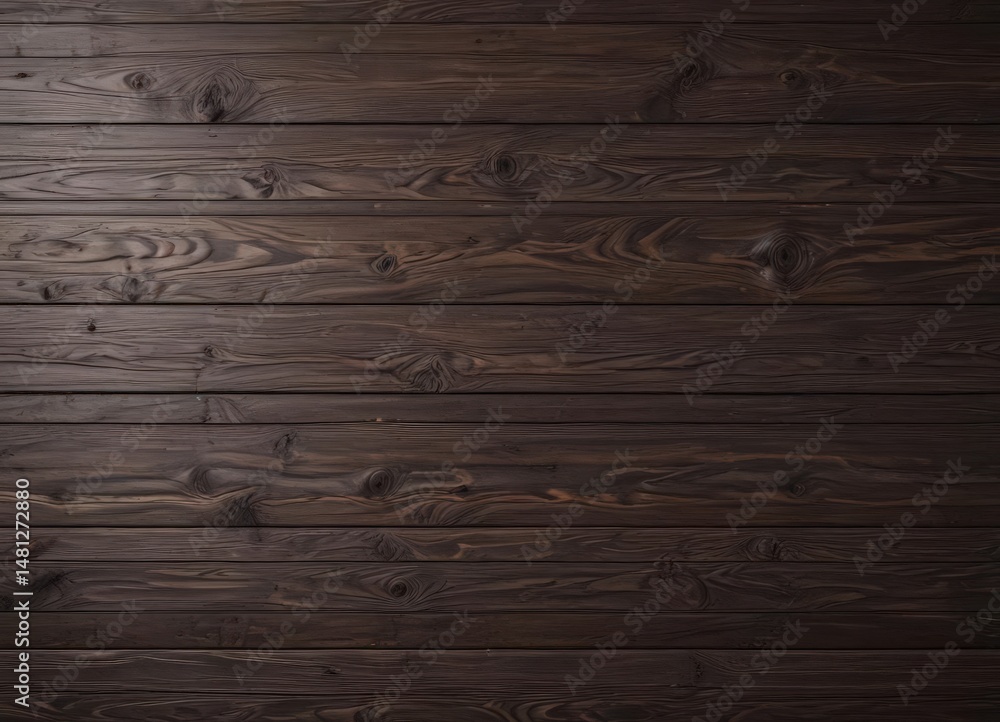 Naklejka premium Dark stained wood backdrop, knot details visible , deep, planks