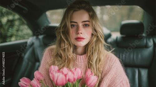 Portrait of a young woman sitting in the back seat of a car. she is holding a...