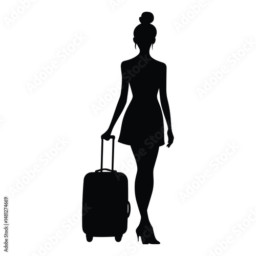 Woman silhouette with suitcase standing