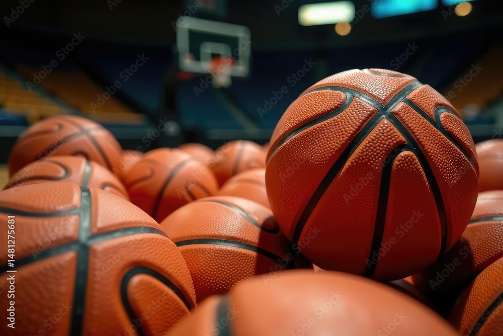 Fototapeta premium Multiple basketballs in a pile, indoor setting, objects, gym, game