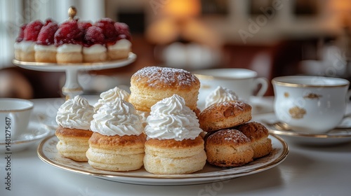 Wallpaper Mural Dessert Plate with Scones, Raspberry Cake, and Teacups Torontodigital.ca