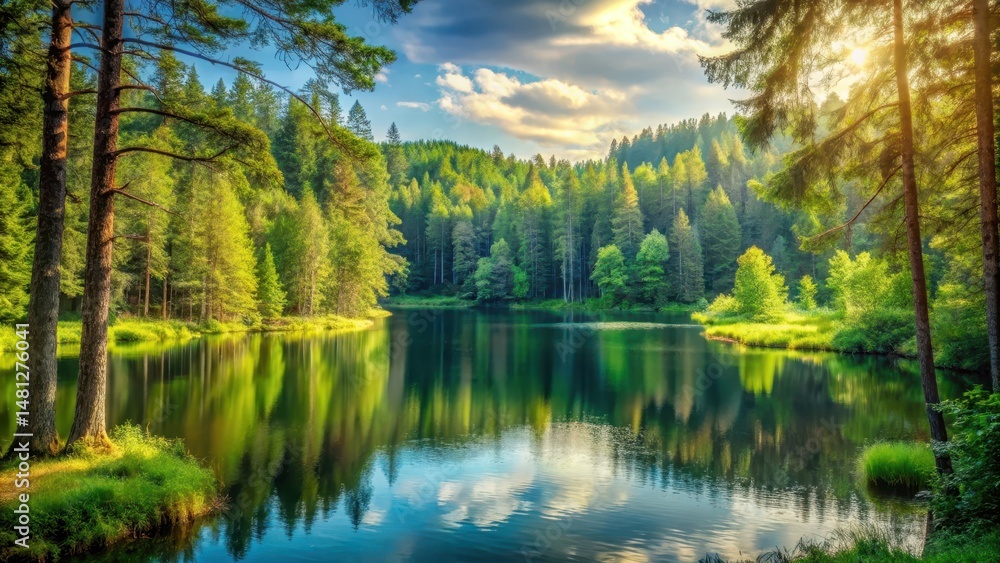 Fototapeta premium Serene forest landscape with a serene lake in the background, surrounded by tall trees and lush greenery, wilderness