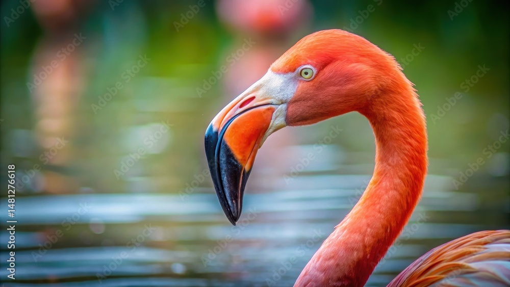 Fototapeta premium Close-up of a pink flamingo's head and neck in water, birdwatching, water, birdwatching, water