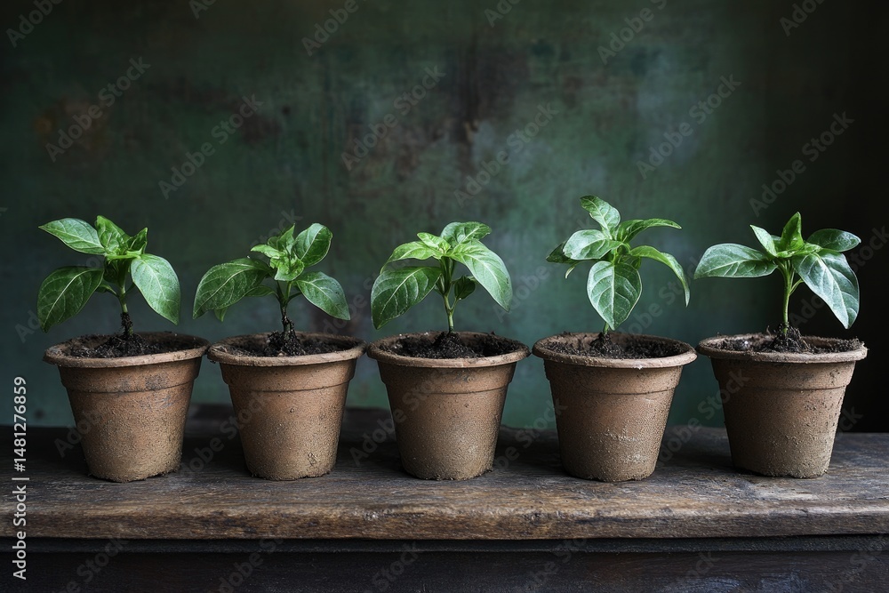 Fototapeta premium Five young pepper plants in terracotta pots.