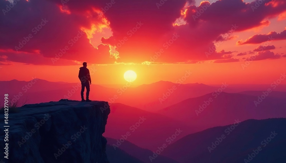 A lone figure silhouetted against a vibrant sunset, standing at a precipice overlooking a vast expanse , rocks, determined A lone figure silhouetted against a vibrant sunset, standing at a precipice overlooking a vast expanse , rocks, determined