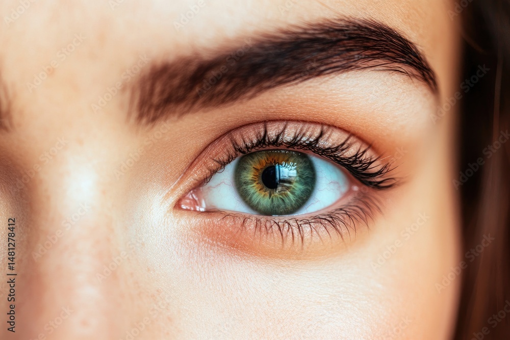 Obraz premium Close-up view of a woman's eye with a striking green-hazel color.