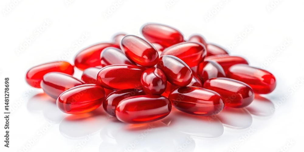 Small red capsules containing krill oil on a white background, with a subtle gradient effect to give it a premium look , fitness, health supplement Small red capsules containing krill oil on a white background, with a subtle gradient effect to give it a premium look , fitness, health supplement