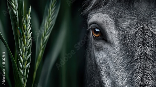 Close-up horse eye, wheat stalks