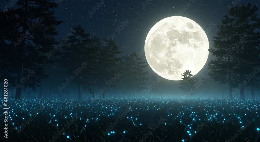 Fototapeta premium Enchanted forest illuminated by moonlight and glowing flora at night