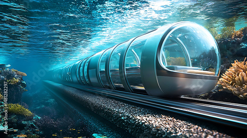 A futuristic train is traveling through a tunnel under the ocean