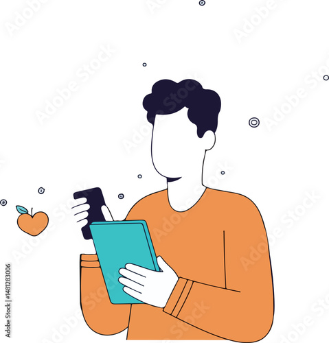 Man using tablet and phone with apple icon