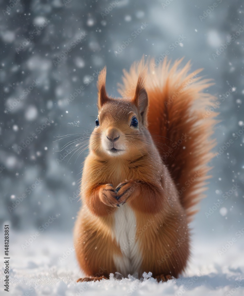 Fluffy red squirrel amidst swirling snowflakes, winter wonderland, charming, snow, brown Fluffy red squirrel amidst swirling snowflakes, winter wonderland, charming, snow, brown