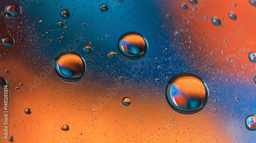 Water drops on glass, with an abstract background of blue and copper colors, ...