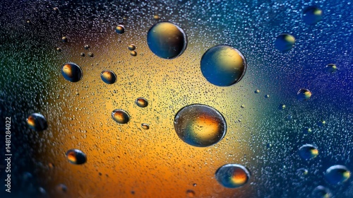 Water drops on glass, with an abstract background of blue and copper colors, ...