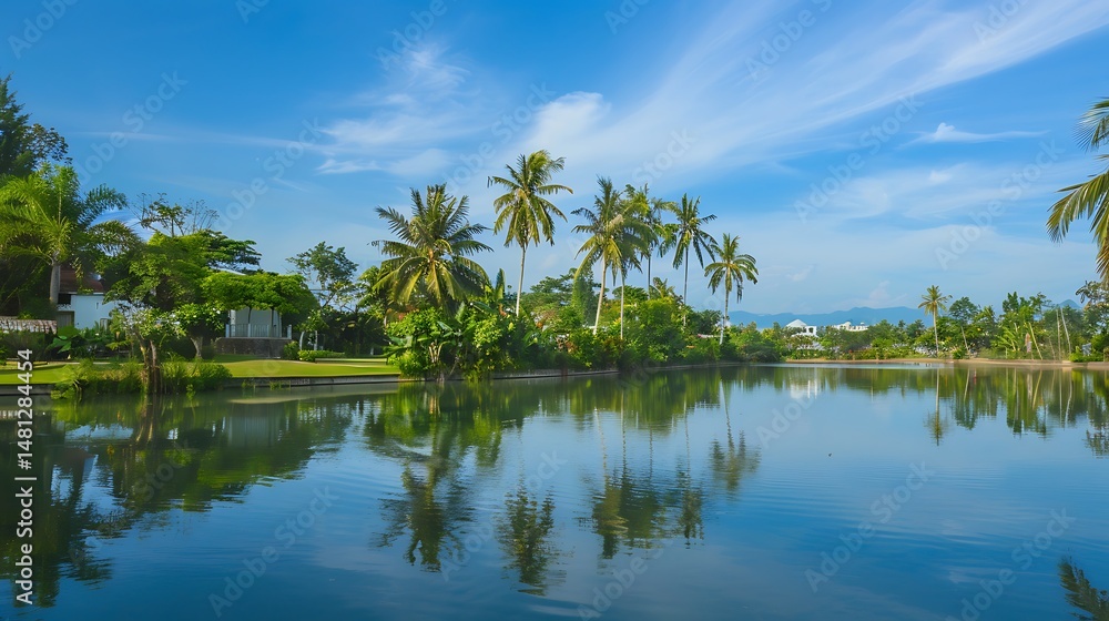 Obraz premium Tranquil Lakeside Landscape Featuring Palm Trees Reflecting In Clear Blue Water