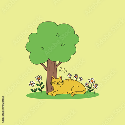 Cartoon Cat Napping Under a Tree