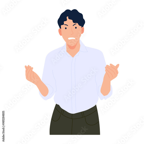 Young man in shirt with arms spread out gesture showing confused, puzzled, doubtful expression. Vector illustration isolated on white background.