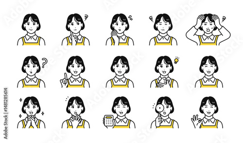 エプロンを付けた中年女性の表情アイコンセット