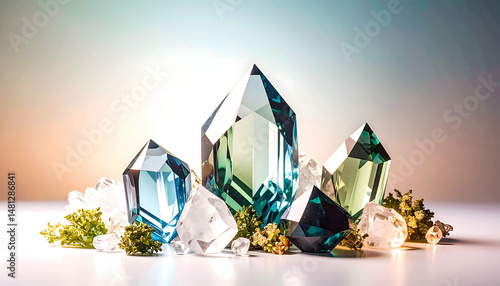 Assortment of Crystal Gems Displayed with a Gradient Background from Blue to Green Featuring Crystalline Structures and Faceted Surfaces