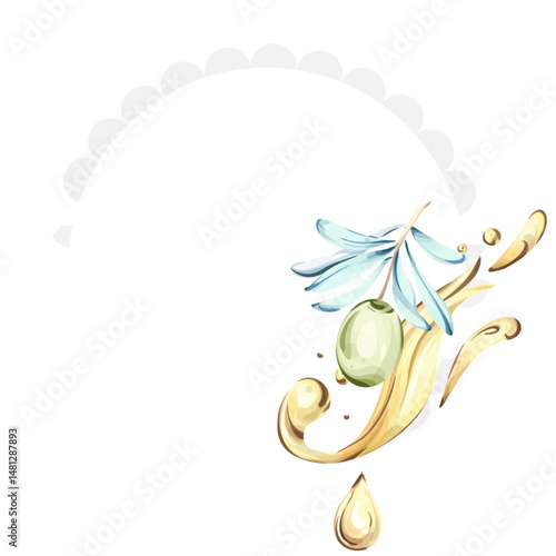 Exploring the beauty of olives and olive oil through watercolor illustrations inspired by Italian cuisine and nature frame, border, arrangement