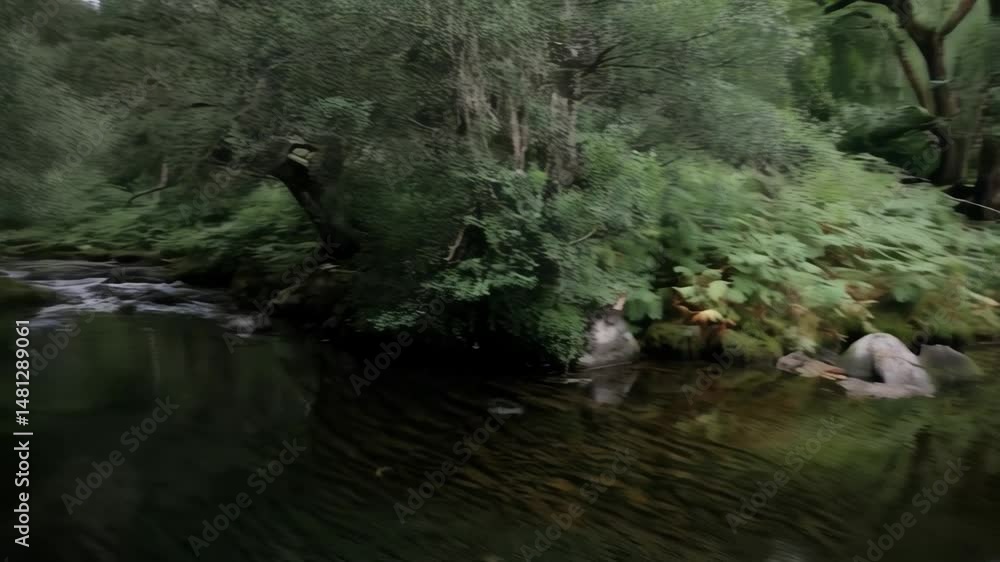 Calm river flowing through lush green forest with trees and foliage reflecting in the serene water in scenic environment. Calm river flowing through lush green forest with trees and foliage reflecting in the serene water in scenic environment.