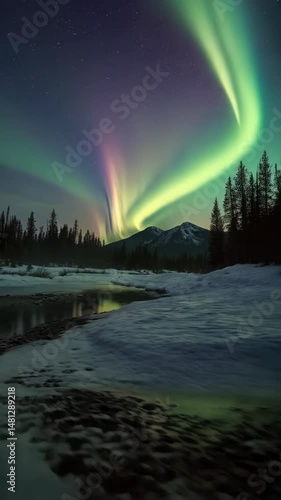 Wallpaper Mural Scenic winter landscape featuring the aurora borealis, snow-covered banks, and a reflection pond with towering mountains and forest silhouettes. Torontodigital.ca