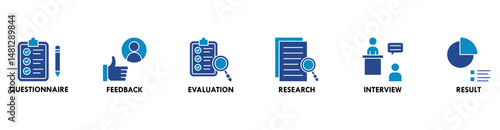 Survey banner web icon vector illustration concept for customer satisfaction questionnaire feedback with icon of evaluation, research, interview and result
