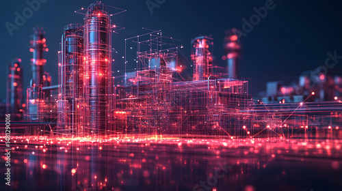 Wallpaper Mural Futuristic industrial complex glowing with red light on reflective ground. A technologically advanced and virtual environment. Abstract wireframe in dark blue. High-tech visualization. Torontodigital.ca