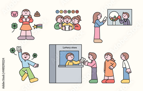 Flat illustration of people buying lottery tickets, checking numbers, and dreaming of winning. Includes lucky icons like clovers and stars.