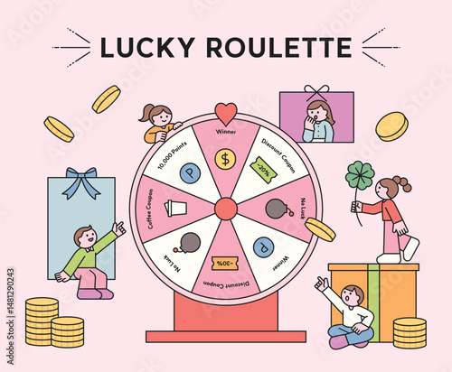 Flat illustration of people playing lucky roulette with gifts, discount coupons, and coins. Concept of fun event, prize draw, and lucky game.