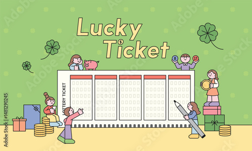 Cute flat illustration of people preparing lucky lottery tickets with symbols of fortune. Concept of hope, dream, and winning in a fun and charming style.