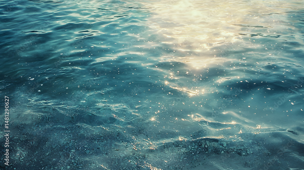 Obraz premium Water surface reflection: Captivating water surface with sparkling sun reflections, a serene portrayal of the aquatic realm.