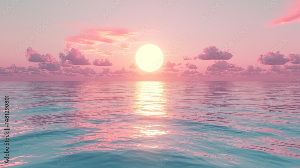 Fototapeta premium Sunset over serene ocean waters with pink-tinged clouds and sun reflecting