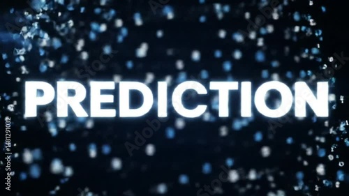 Prediction text with digital data particles floating on a dark blue background effect