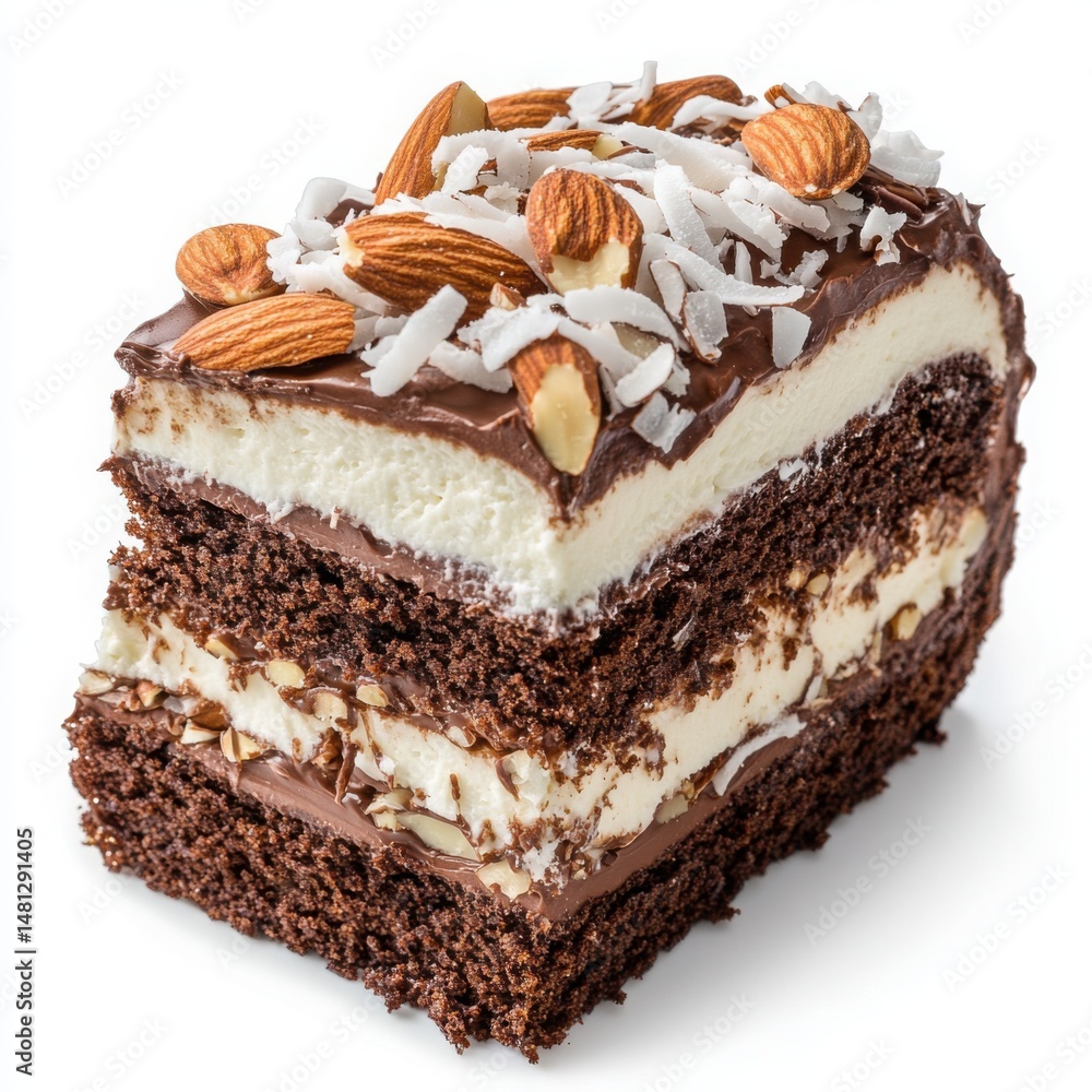 A rich almond joy cake with layers of chocolate, shredded coconut, and roasted almonds, A rich almond joy cake with layers of chocolate, shredded coconut, and roasted almonds,