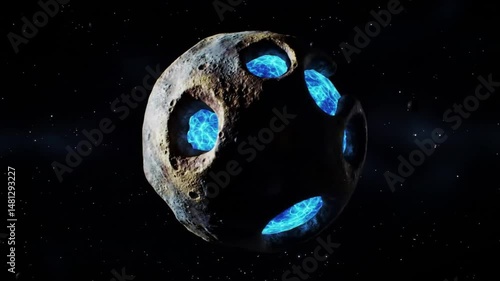 Asteroid with blue glowing cores in craters floating in dark space with stars around