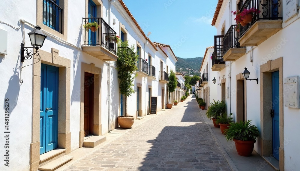 Obraz premium Historic whitewashed Andalusian village, cobbled streets , architecture, village, white