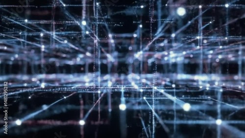 Abstract network with glowing dots and lines forming a cube structure in blue and black