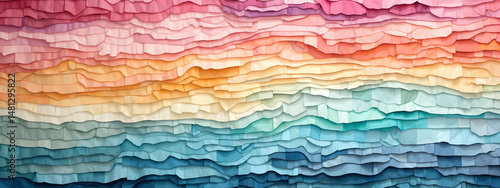 Layered watercolor horizon with sunset gradient from pink to blue creating serene landscape abstract background, Perfect for relaxation concepts